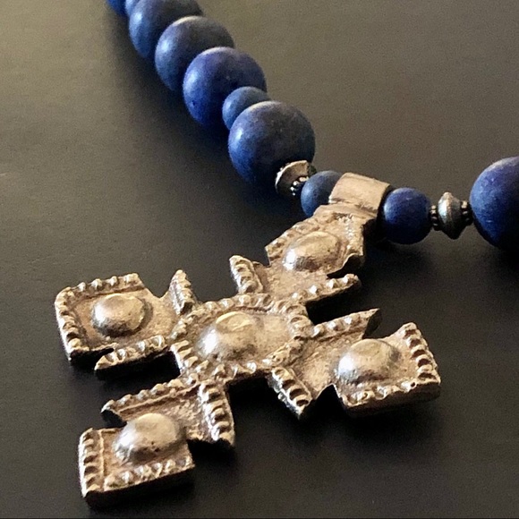 Lapiz & Jasper Necklace w/ Ethiopian Coptic Cross - Picture 2 of 5